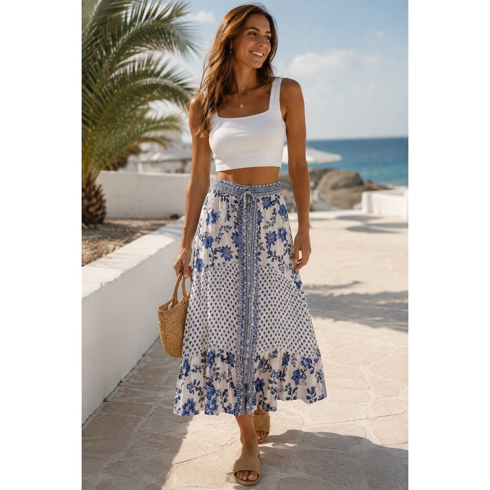 Farm Rio Floral Maxi Skirt Lined Size Medium Coastal Resortwear Vacation - Picture 3 of 9